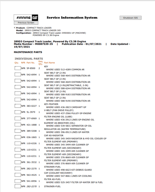 Caterpillar Cat 289D3 Compact Track Loader Parts Catalogue Manual PDF | S/N JX9