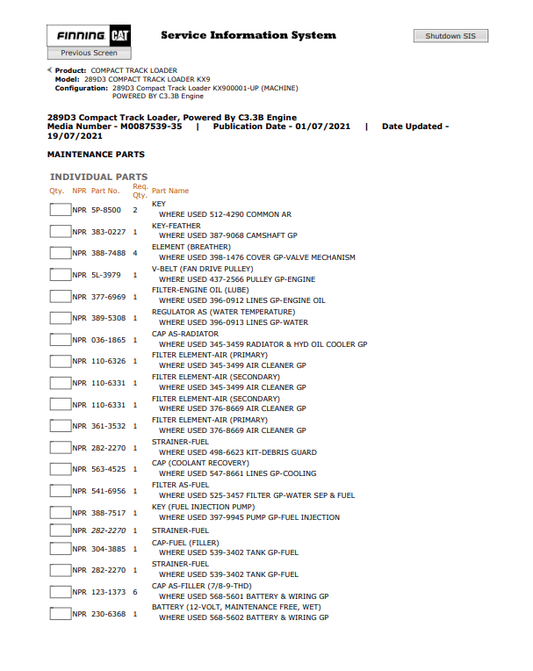 Caterpillar Cat 289D3 Compact Track Loader Parts Catalogue Manual PDF | S/N KX9