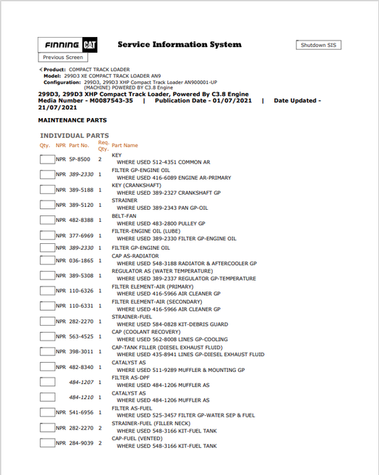 Caterpillar Cat 299D3 XE Compact Track Loader Parts Catalogue Manual PDF | S/N AN9