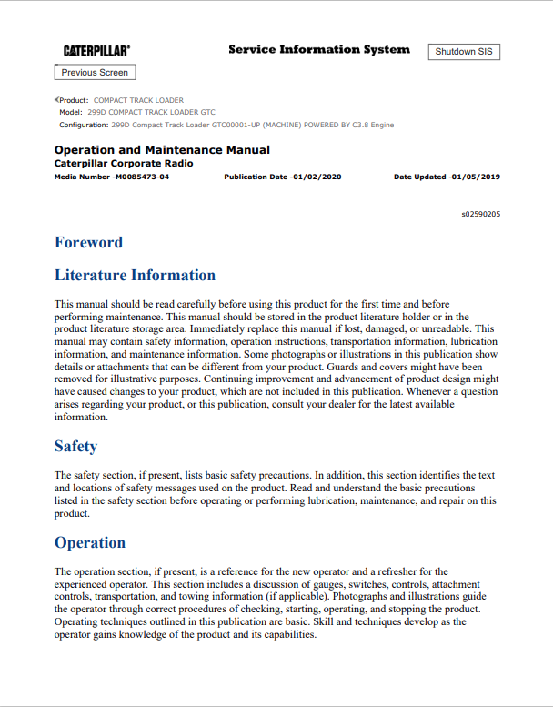 Caterpillar Cat 299D Compact Track Loader Operation and Maintenance Manual PDF | S/N GTC