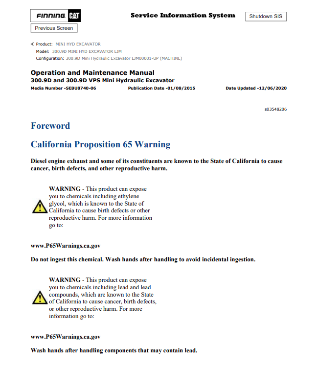 Caterpillar Cat 300.9D Mini HYD Excavator Operation and Maintenance Manual PDF | S/N LJM