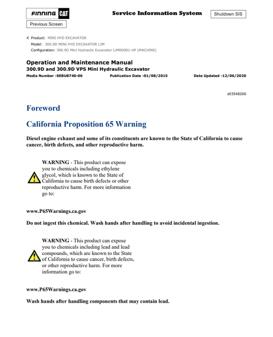 Caterpillar Cat 300.9D Mini HYD Excavator Operation and Maintenance Manual PDF | S/N LJM