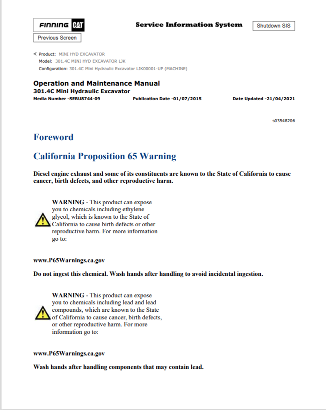 Caterpillar Cat 301.4C Mini HYD Excavator Operation and Maintenance Manual PDF | S/N LJK