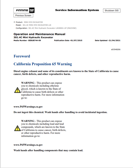 Caterpillar Cat 301.4C Mini HYD Excavator Operation and Maintenance Manual PDF | S/N LJK
