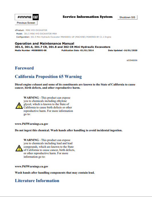 Caterpillar Cat 301.5 Mini HYD Excavator Operation and Maintenance Manual PDF | S/N MNH