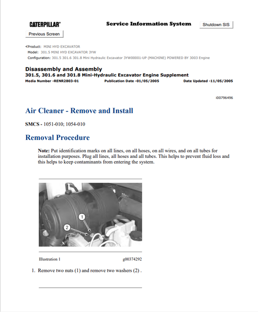 Caterpillar Cat 301.5 Mini HYD Excavator Service and Repair Manual PDF | S/N 3YW