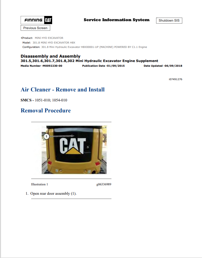 Caterpillar Cat 301.8 Mini HYD Excavator Service and Repair Manual PDF | S/N H8X