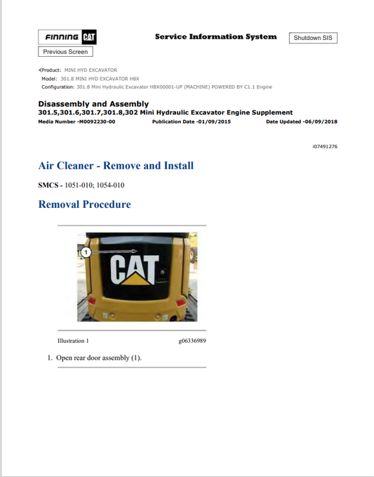 Caterpillar Cat 301.8 Mini HYD Excavator Service and Repair Manual PDF | S/N H8X