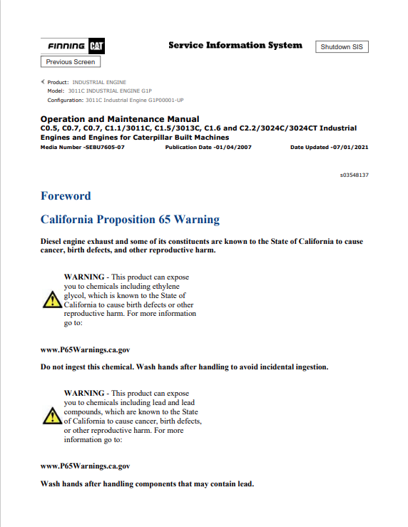 Caterpillar Cat 3011C Industrial Engine Operation and Maintenance Manual PDF | S/N G1P