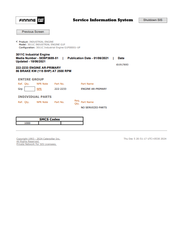 Caterpillar Cat 3011C Industrial Engine Parts Catalogue Manual PDF | S/N G1P