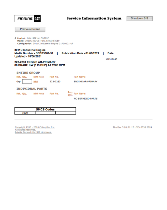 Caterpillar Cat 3011C Industrial Engine Parts Catalogue Manual PDF | S/N G1P