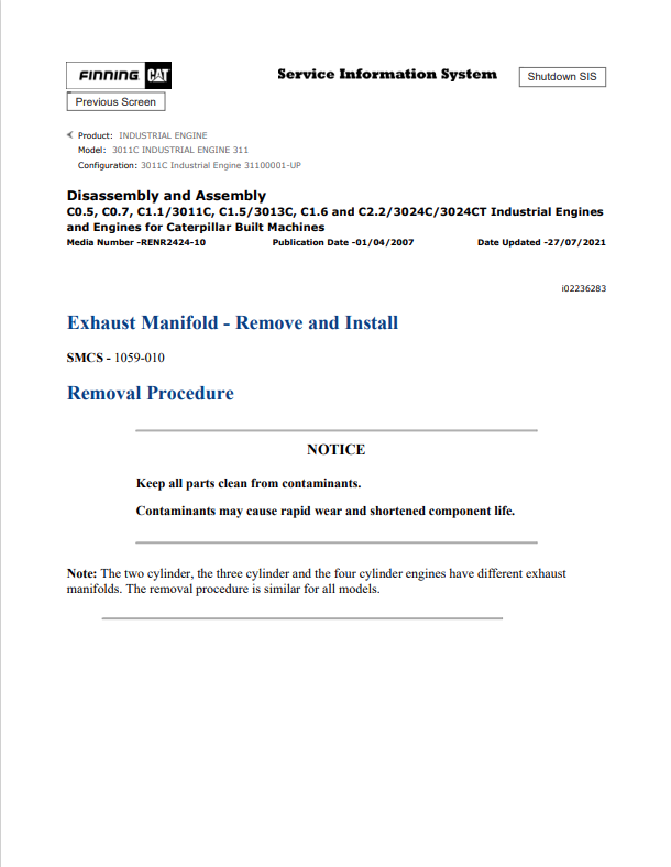Caterpillar Cat 3011C Industrial Engine Service And Repair Manual PDF | S/N 311
