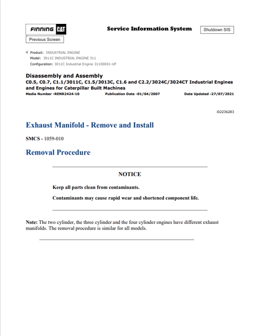 Caterpillar Cat 3011C Industrial Engine Service And Repair Manual PDF | S/N 311
