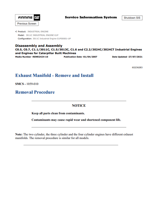 Caterpillar Cat 3011C Industrial Engine Service And Repair Manual PDF | S/N G1P