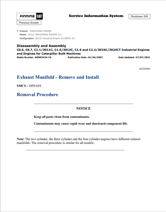 Caterpillar Cat 3011C Industrial Engine Service and Repair Manual PDF | S/N 311