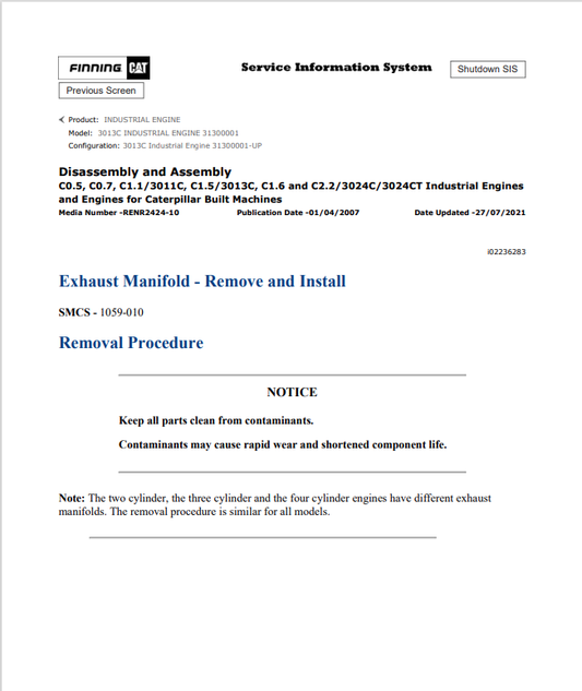 Caterpillar Cat 3013C Industrial Engine Service and Repair Manual PDF | S/N 31300001