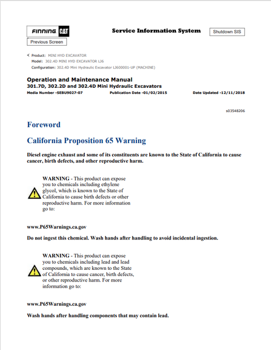 Caterpillar Cat 302.4D Mini HYD Excavator Operation and Maintenance Manual PDF | S/N LJ6