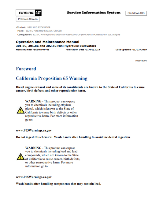 Caterpillar Cat 302.5C Mini HYD Excavator Operation and Maintenance Manual PDF | S/N GBB