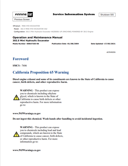 Caterpillar Cat 302.5 Mini HYD Excavator Operation and Maintenance Manual PDF | S/N 4AZ