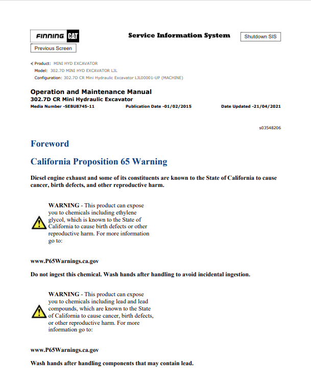Caterpillar Cat 302.7D Mini HYD Excavator Operation and Maintenance Manual PDF | S/N LJL