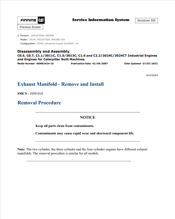 Caterpillar Cat 3024C Industrial Engine Service and Repair Manual PDF | S/N 424