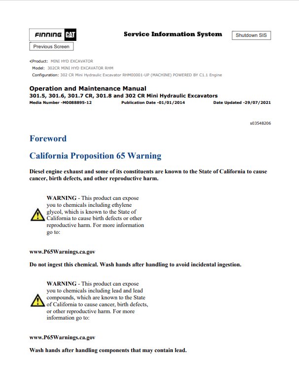 Caterpillar Cat 302CR Mini HYD Excavator Operation and Maintenance Manual PDF | S/N RHM