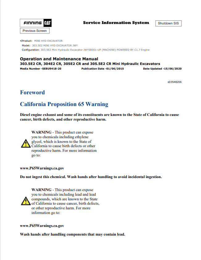Caterpillar Cat 303.5E2 Mini HYD Excavator Operation and Maintenance Manual PDF | S/N JWY