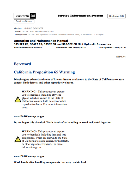 Caterpillar Cat 303.5E2 Mini HYD Excavator Operation and Maintenance Manual PDF | S/N JWY