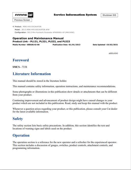 Caterpillar Cat 303.5 Mini HYD Excavator Operation and Maintenance Manual PDF | S/N AFW