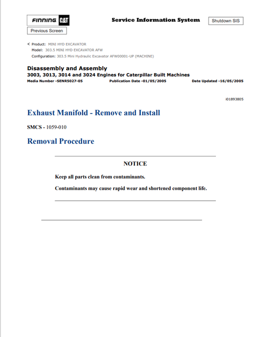 Caterpillar Cat 303.5 Mini HYD Excavator Service and Repair Manual PDF | S/N AFW
