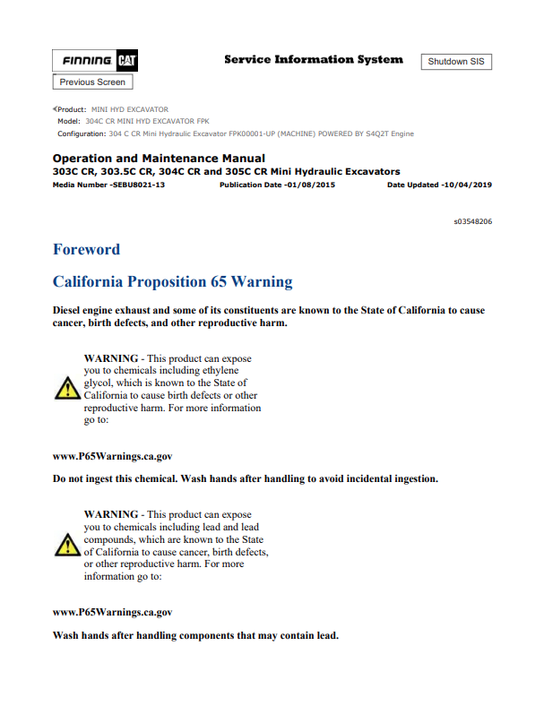 Caterpillar Cat 304C CR Mini HYD Excavator Operation and Maintenance Manual PDF | S/N FPK