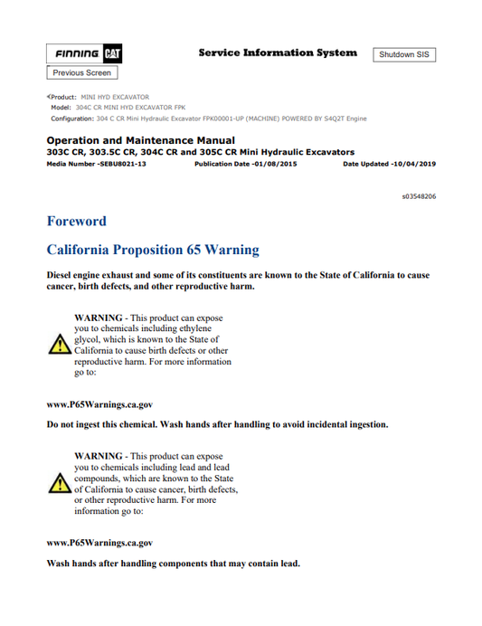 Caterpillar Cat 304C CR Mini HYD Excavator Operation and Maintenance Manual PDF | S/N FPK