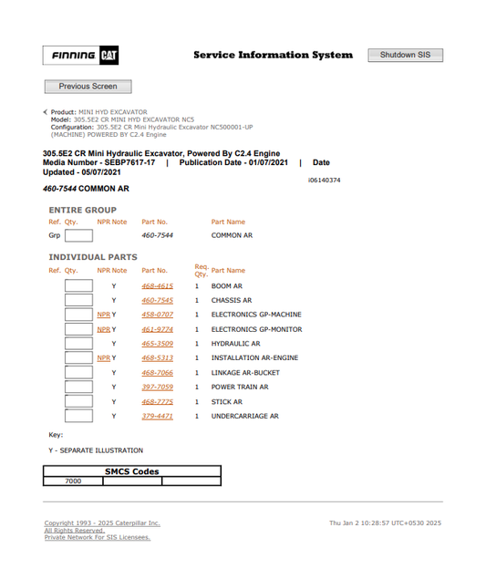 Caterpillar Cat 305.5E2 CR Mini HYD Excavator Parts Catalogue Manual PDF | S/N NC5