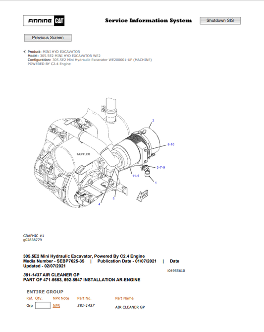 Caterpillar Cat 305.5E2 Mini HYD Excavator Parts Catalogue Manual PDF | S/N WE2