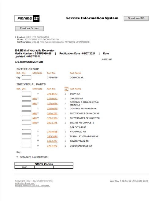 Caterpillar Cat 305.5E Mini HYD Excavator Parts Catalogue Manual PDF | S/N FKY