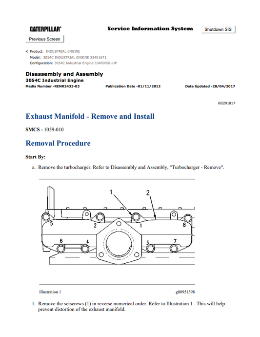 Caterpillar Cat 3054C Industrial Engine Service and Repair Manual PDF | S/N 33401671