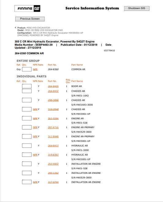Caterpillar Cat 305C CR Mini HYD Excavator Parts Catalogue Manual PDF | S/N HWJ