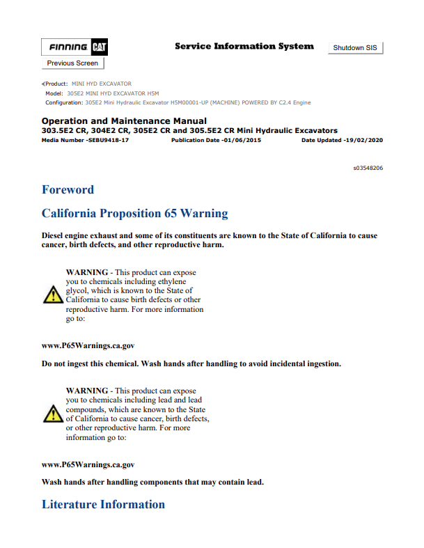 Caterpillar Cat 305E2 Mini HYD Excavator Operation and Maintenance Manual PDF | S/N H5M