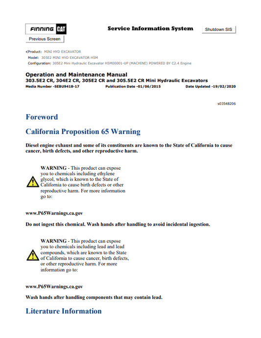 Caterpillar Cat 305E2 Mini HYD Excavator Operation and Maintenance Manual PDF | S/N H5M