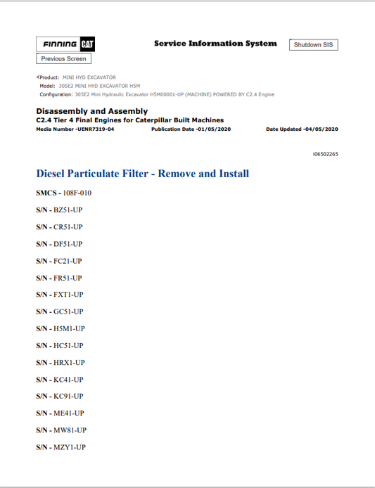 Caterpillar Cat 305E2 Mini HYD Excavator Service and Repair Manual PDF | S/N H5M