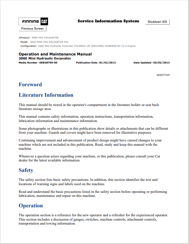 Caterpillar Cat 306E Mini HYD Excavator Operation and Maintenance Manual PDF | S/N FHL