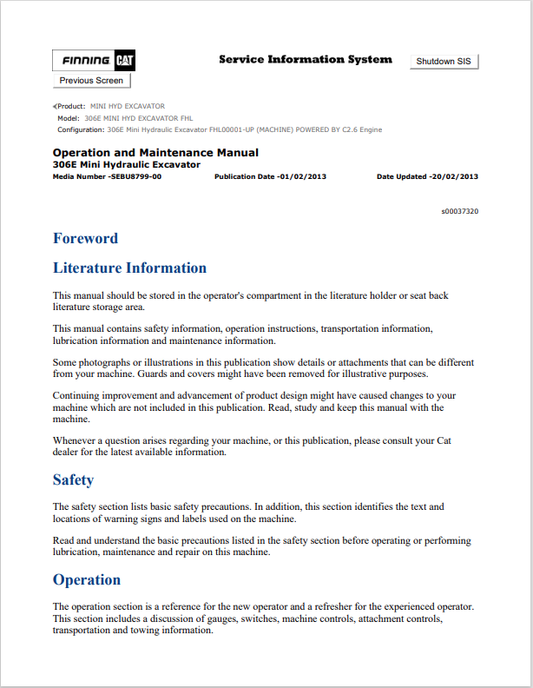 Caterpillar Cat 306E Mini HYD Excavator Operation and Maintenance Manual PDF | S/N FHL