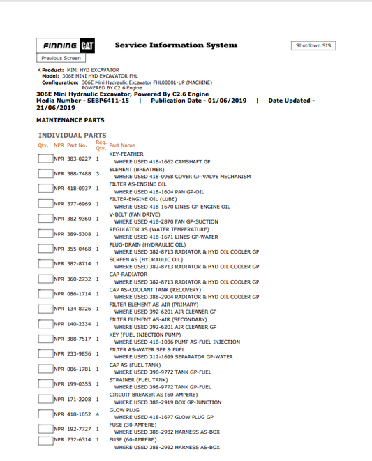Caterpillar Cat 306E Mini HYD Excavator Parts Catalogue Manual PDF | S/N FHL