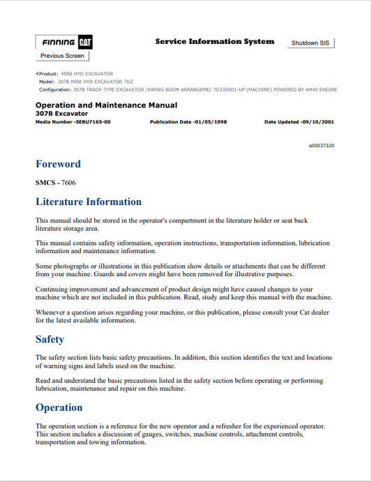 Caterpillar Cat 307B Mini HYD Excavator Operation and Maintenance Manual PDF | S/N 7DZ