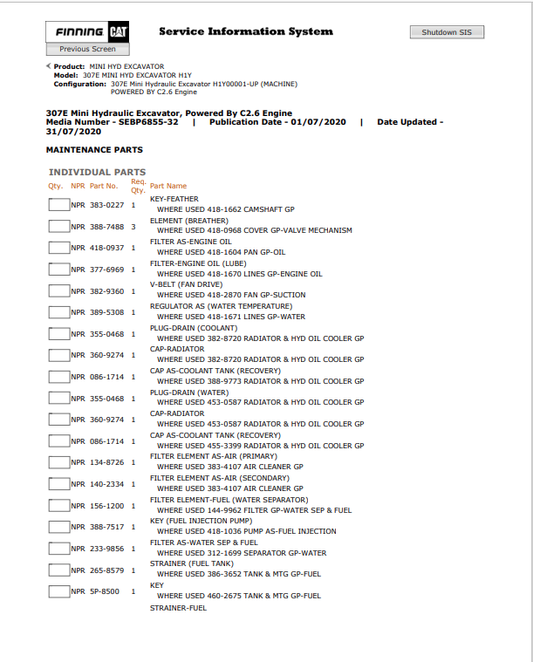Caterpillar Cat 307E Mini HYD Excavator Parts Catalogue Manual PDF | S/N H1Y