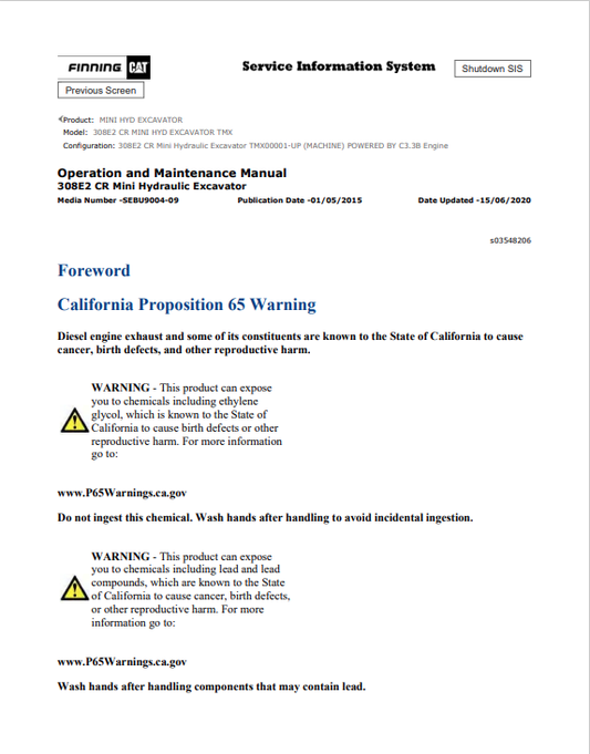 Caterpillar Cat 308E2 CR Mini HYD Excavator Operation and Maintenance Manual PDF | S/N TMX