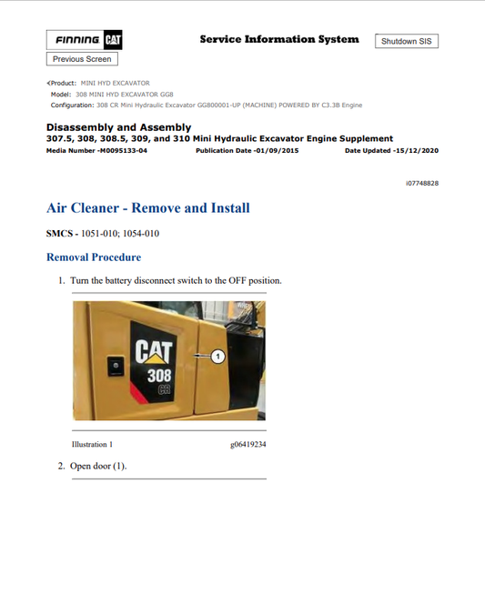 Caterpillar Cat 308 Mini HYD Excavator Service and Repair Manual PDF | S/N GG8
