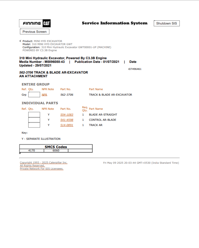Caterpillar Cat 310 Mini HYD Excavator Parts Catalogue Manual PDF | S/N GWT