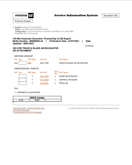 Caterpillar Cat 310 Mini HYD Excavator Parts Catalogue Manual PDF | S/N GWT