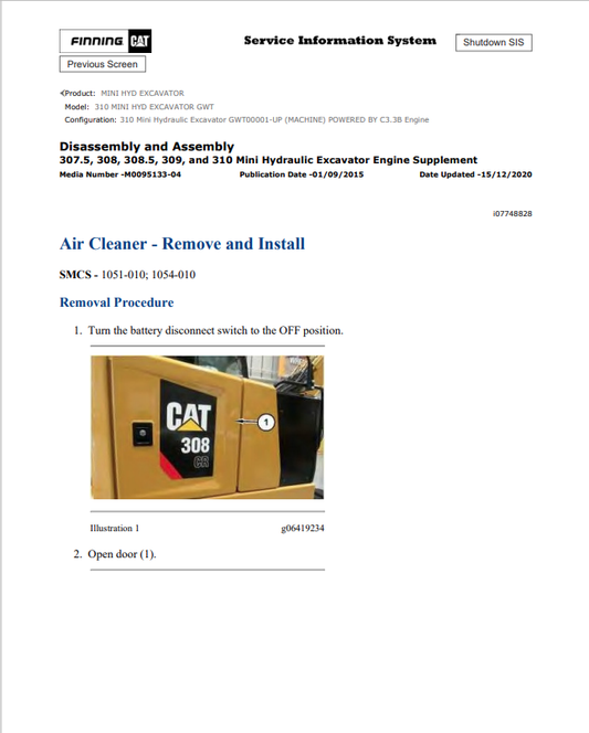 Caterpillar Cat 310 Mini HYD Excavator Service and Repair Manual PDF | S/N GWT